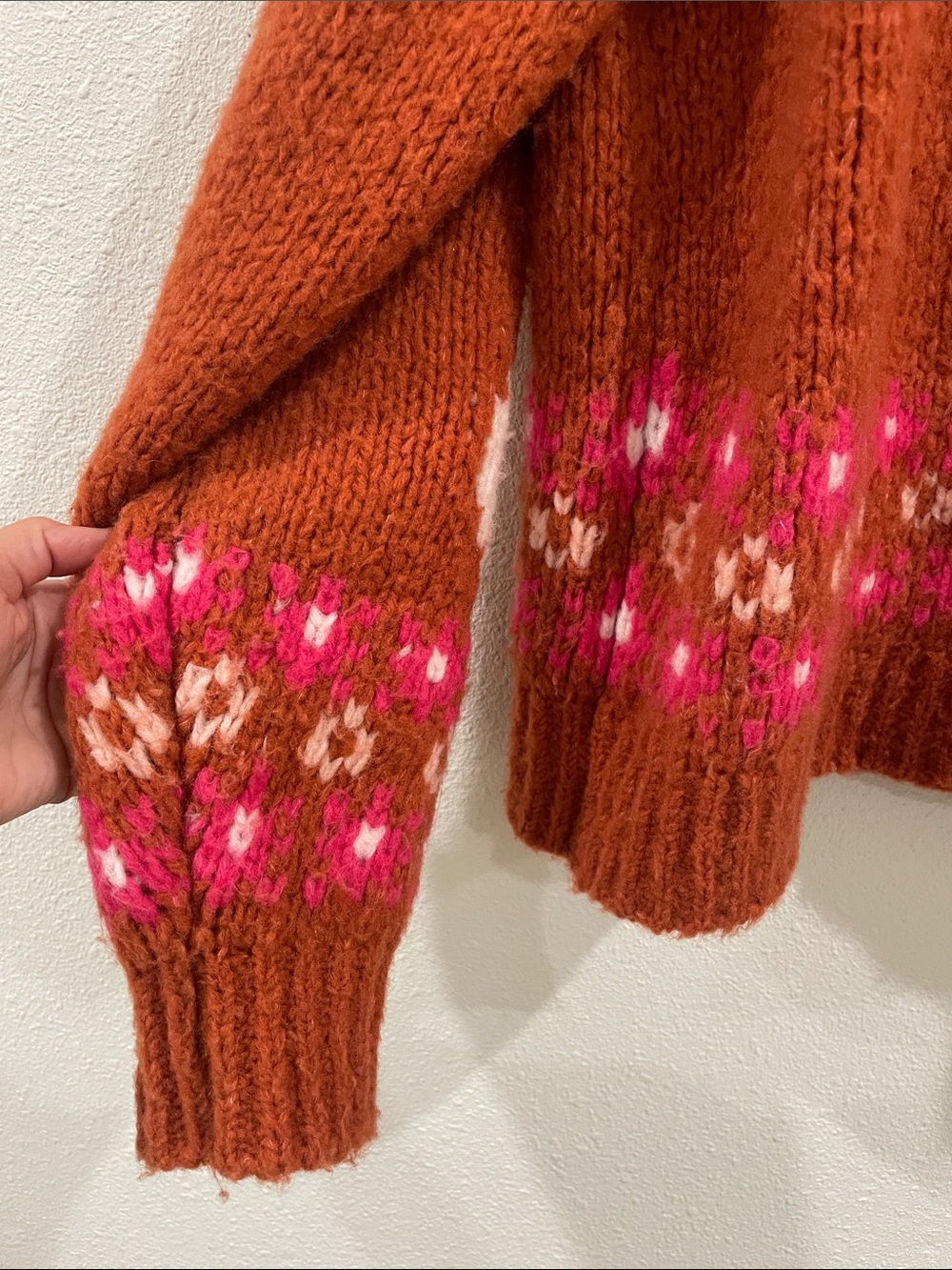 Anthropologie Swan Intarsia Zip Cardigan Rust Wool Blend Novelty Sweater Jacket - Picture 15 of 16